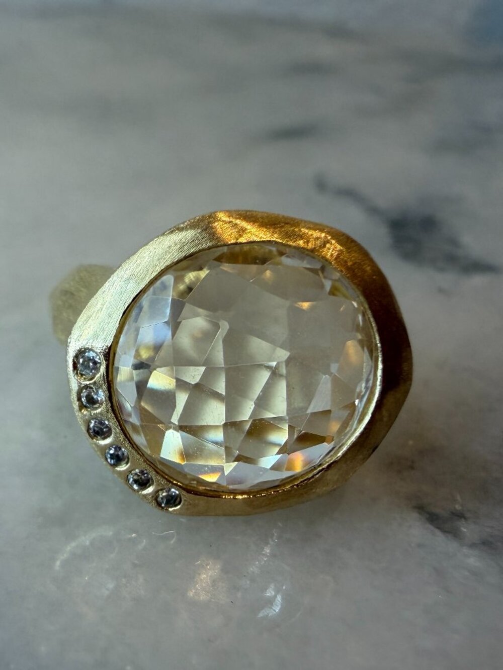 925 Sterling Silver Unusual Checkerboard Cut, Matte Gold Finish Hammered Ring